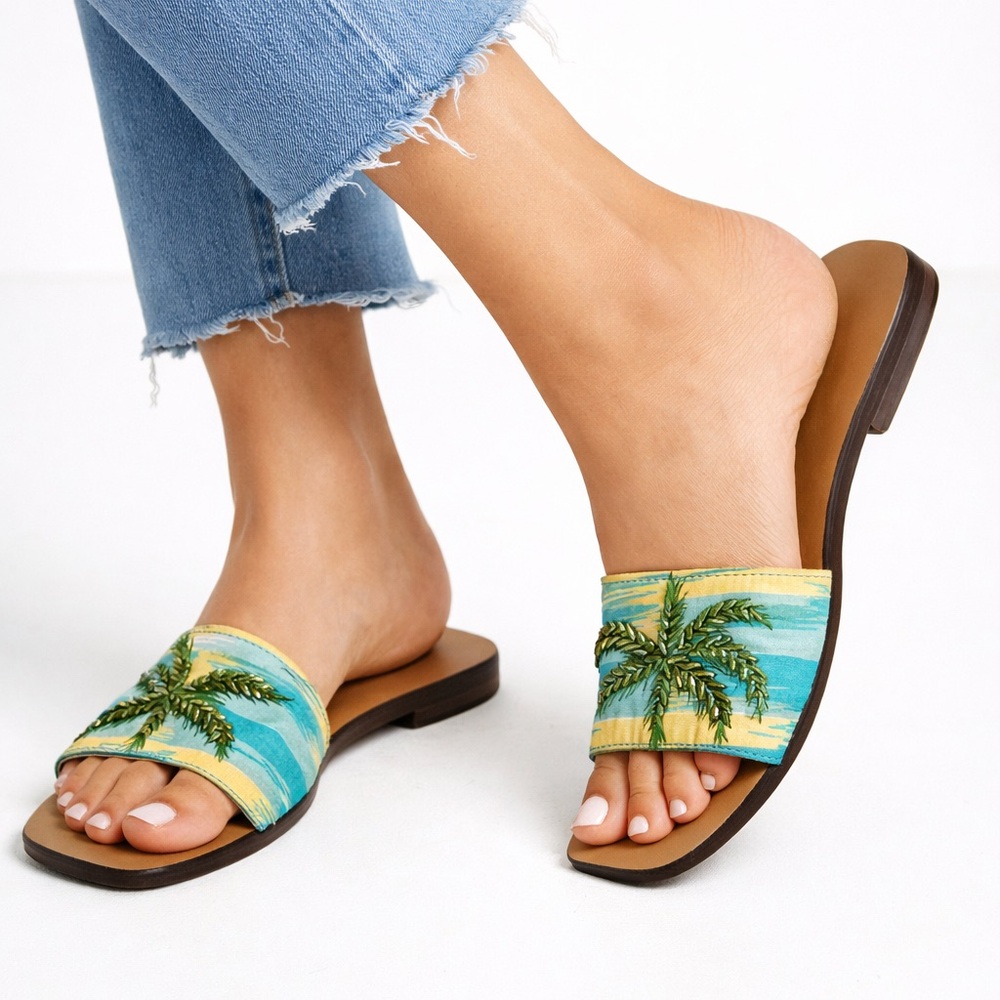 Luca Stefani Tropical Palm Embroidered Slide Sandals - Blue Green Women’s Size 9